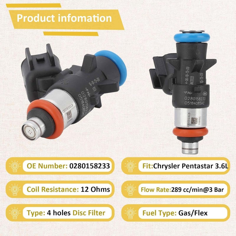 Pjvmvo Set of 6 Fuel Injectors,Compatible with/Jeep 3.6 Wrangler Grand Cherokee 2011-2023,Compatible with/Dodge Charger Journey Durango 2012-2017,Replace#5184085AC,0280158233 - Image 3